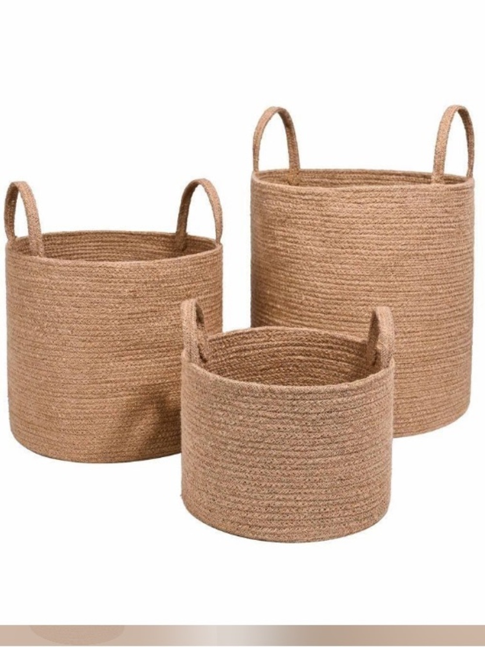 NIB Natural Woven Storage Baskets with Handles - Set of 3. Jute baskets